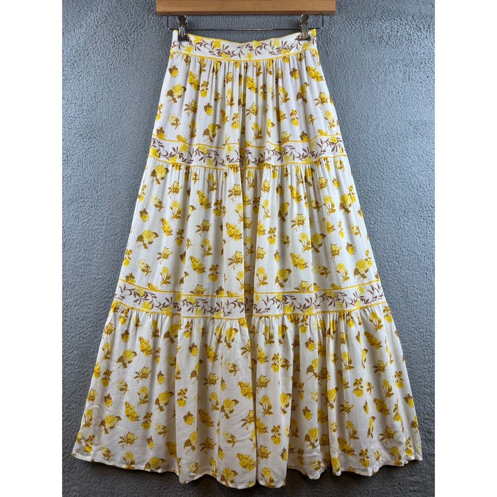 Rose + Olive Resort Yellow Floral Tiered Maxi Skirt Womens XS Pockets Boho White